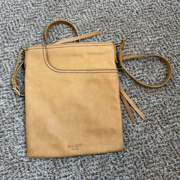 Margot New York Split Pocket Leather Crossbody Bag Cognac Brown Zippered Purse - Picture 1 of 13